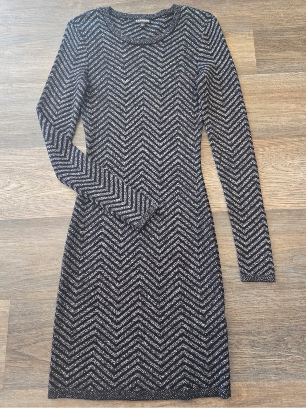Express Long-Sleeve Chevron Knit Dress in Black and Silver